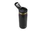 Black travel mug with a gold band and an open lid, angled view.