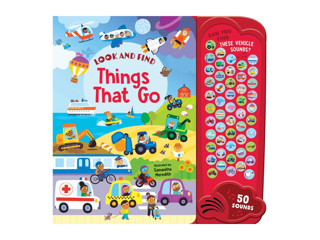 A children's sound book, 'Look and Find Things That Go,' features vehicles and transportation with 50 sounds.