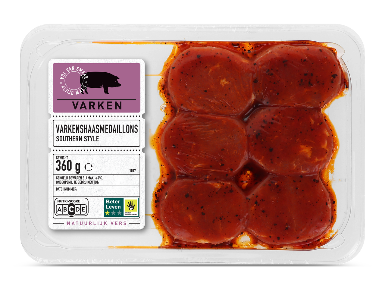 Verpakking met varkenshaasmedaillons Southern Style, 360g, met Nutri-Score C en 2 Beter Leven sterren.