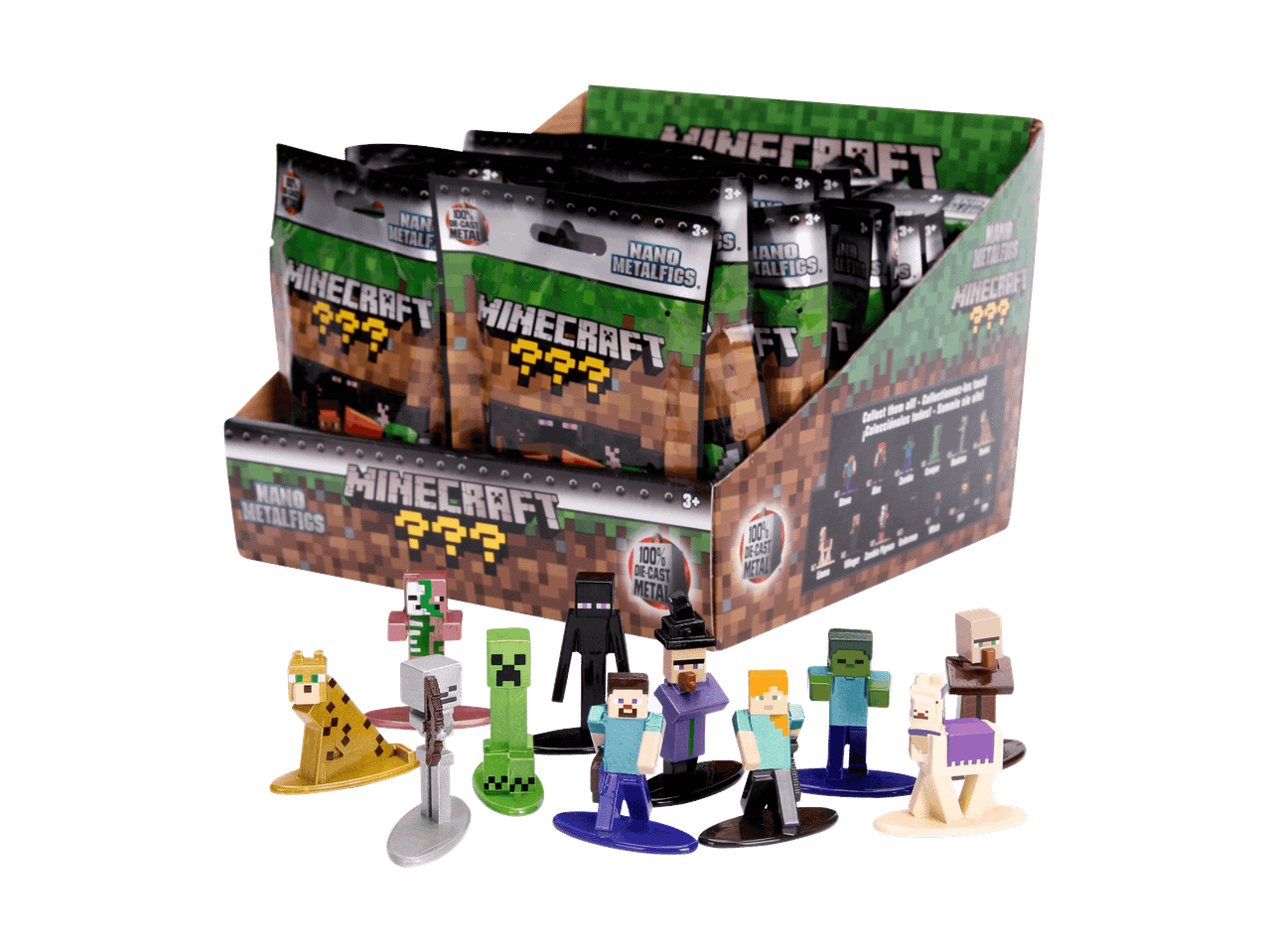 Display mit Überraschungstüten von Block-Videospielcharakteren und Metallfiguren.