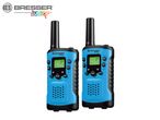 Two blue and black walkie-talkies with a digital display and various buttons.