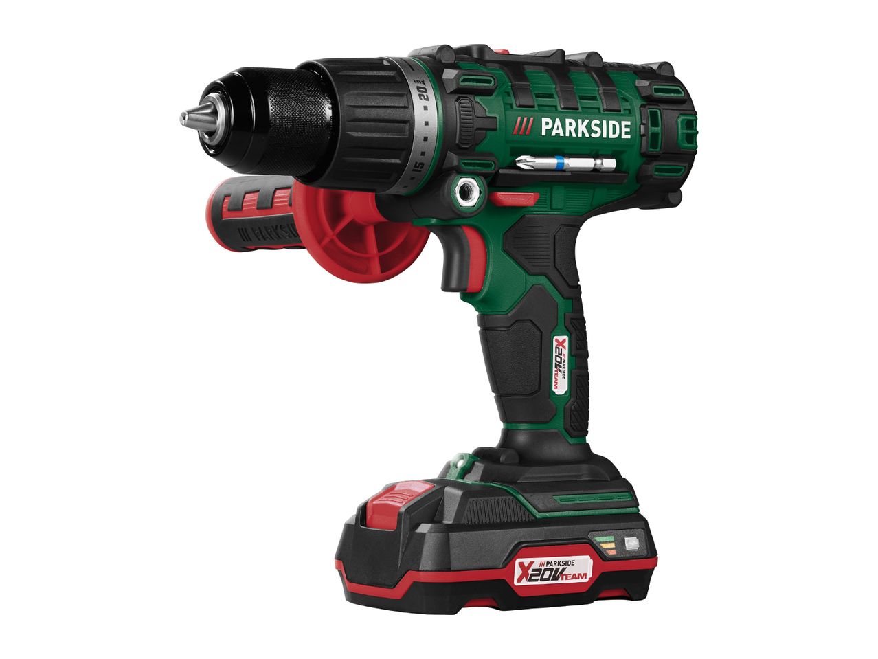 A Parkside X20V Team cordless drill with its battery pack.