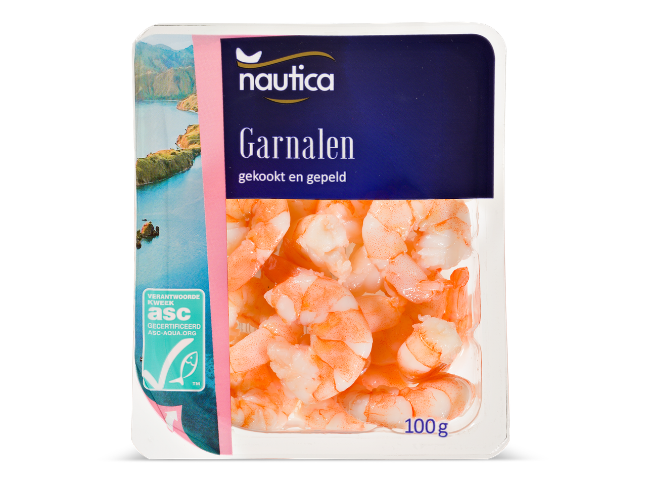 Een verpakking van 100 gram gekookte en gepelde garnalen.