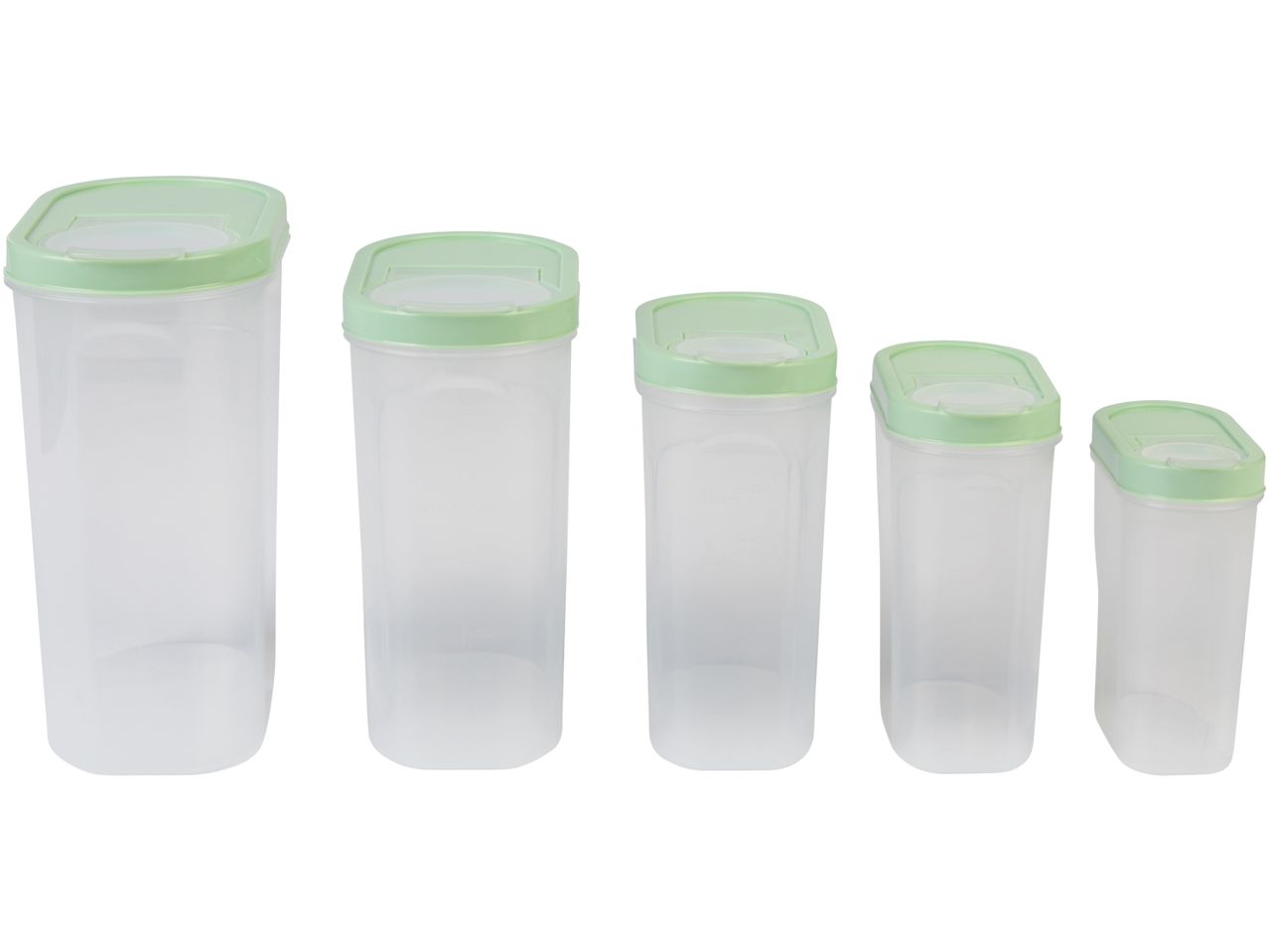 Set of five translucent plastic food storage containers with light green lids.