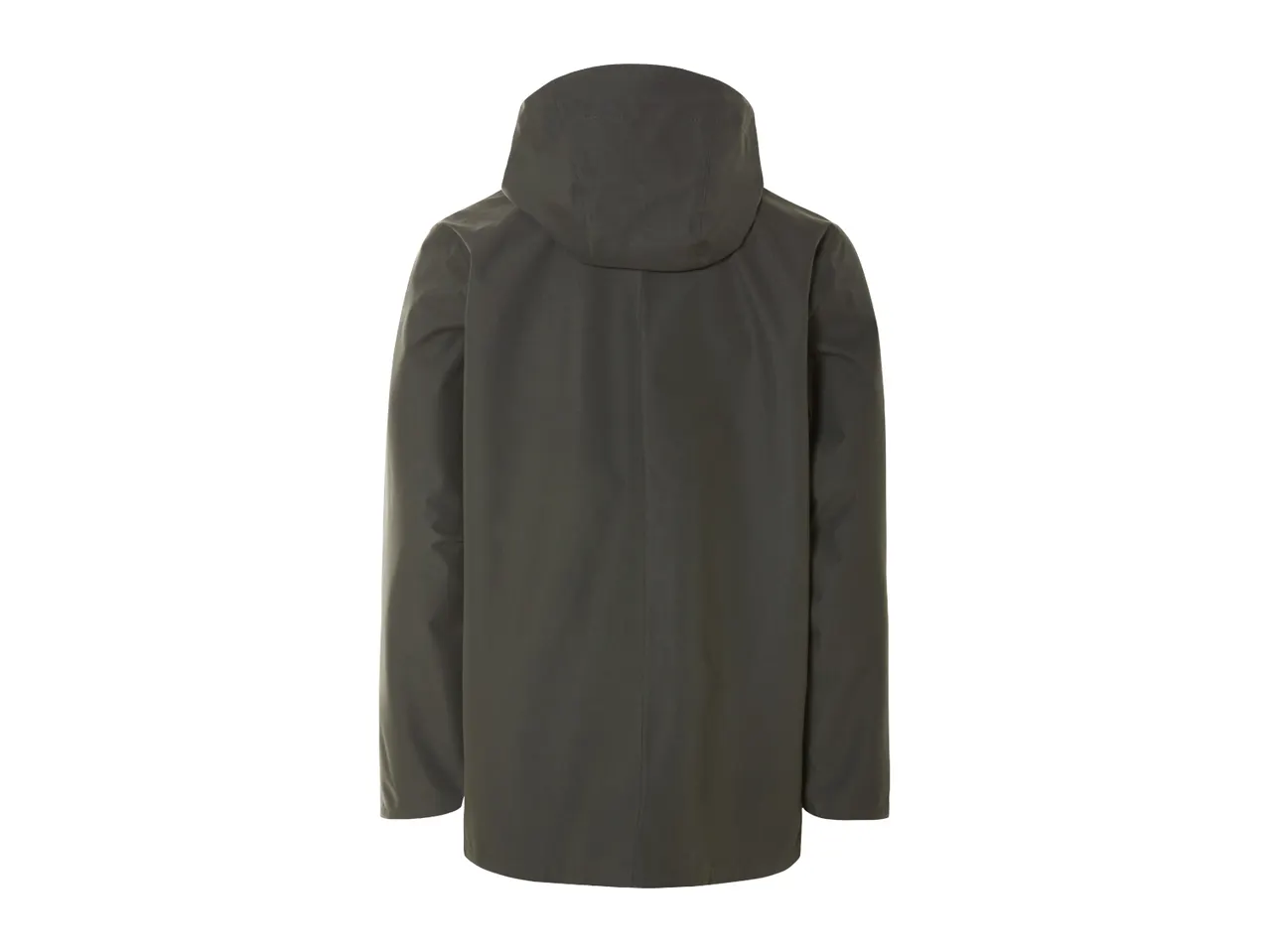 Dark green hooded rain jacket, back view.