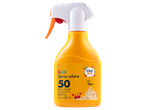 Bouteille de spray solaire pour enfants, FPS 50, avec des motifs de plage et la mention 'Vegan'.