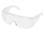 Clear plastic safety glasses with a curved frame.