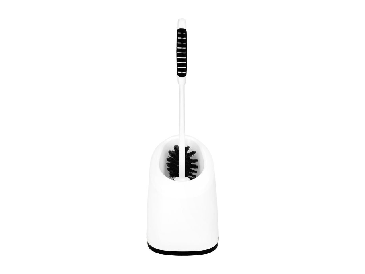 White toilet brush with black bristles and handle, in a white holder.