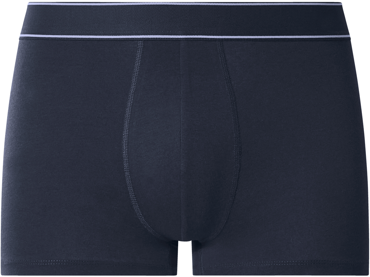 Sötétkék férfi boxer alsónadrág rugalmas derékpánttal és fehér csíkokkal.