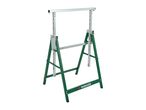 Adjustable green and silver sawhorse with a horizontal support bar.