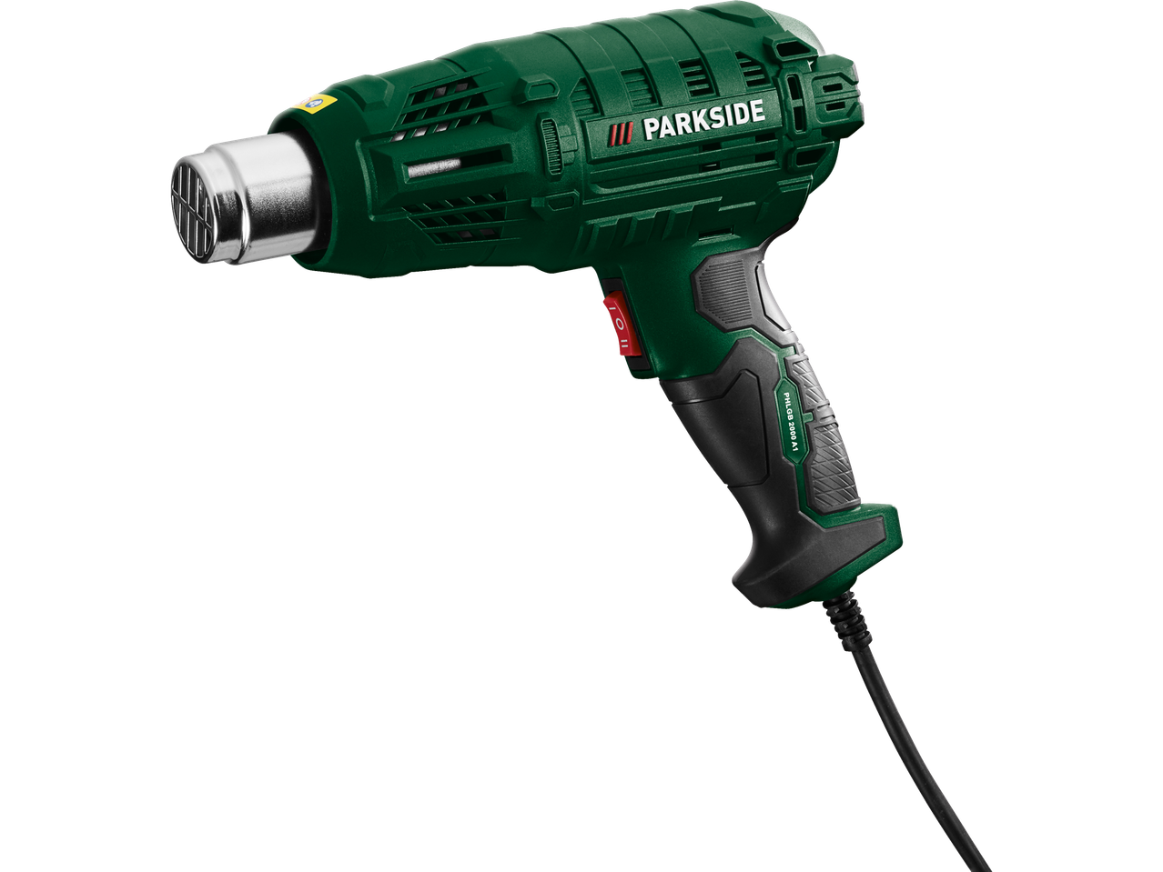 Roheline Parkside PHLGB 2000 A1 kuumaõhupüstol musta käepideme ja punase lülitiga.
