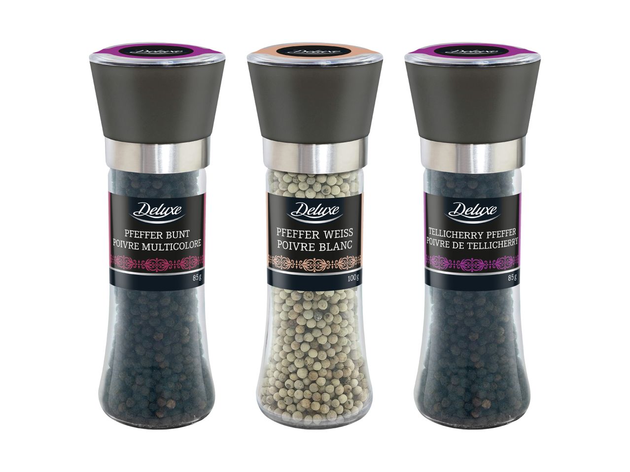 Trois moulins à épices Gourmet: sel noir, poivre blanc et poivre noir.