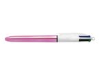Pink 4-colour ballpoint pen with white top and clip, showing blue and green ink buttons.