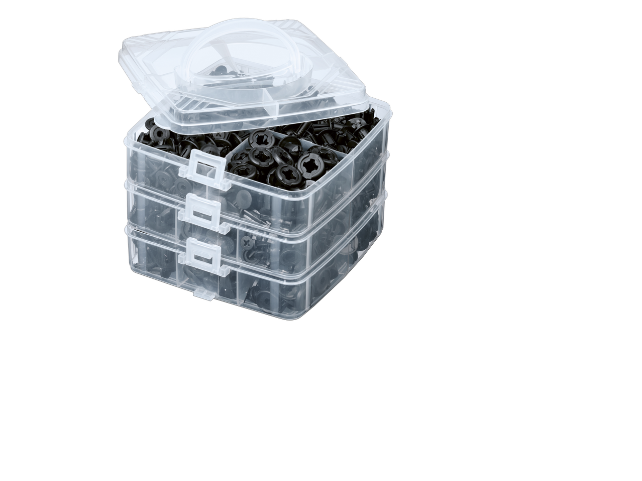 Clear plastic organizer box with three stacked compartments filled with black plastic fasteners.