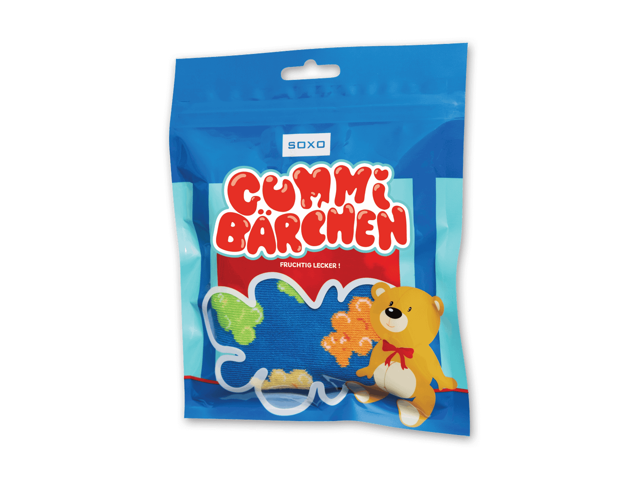 Soxo Gummibärchen Socken in einer blauen Verpackung mit einem Teddybären.