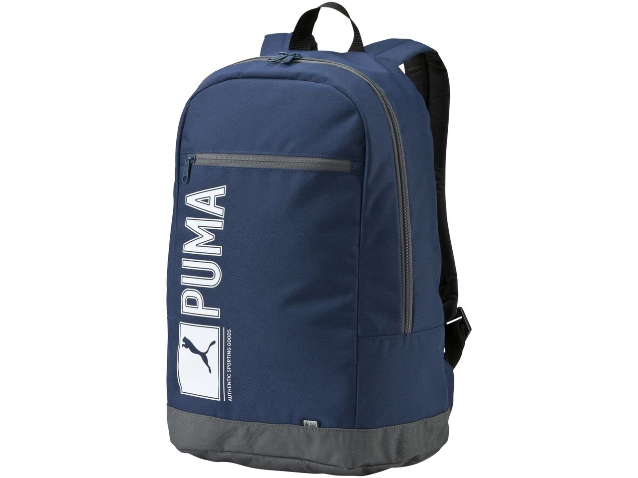A navy blue Puma backpack with a large white Puma logo and text on the front.
