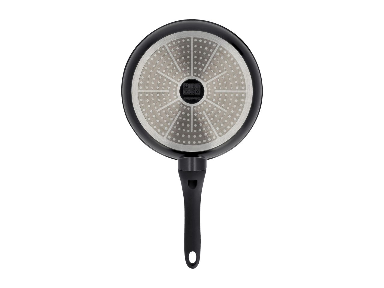 Black frying pan with a textured silver base and a black handle.