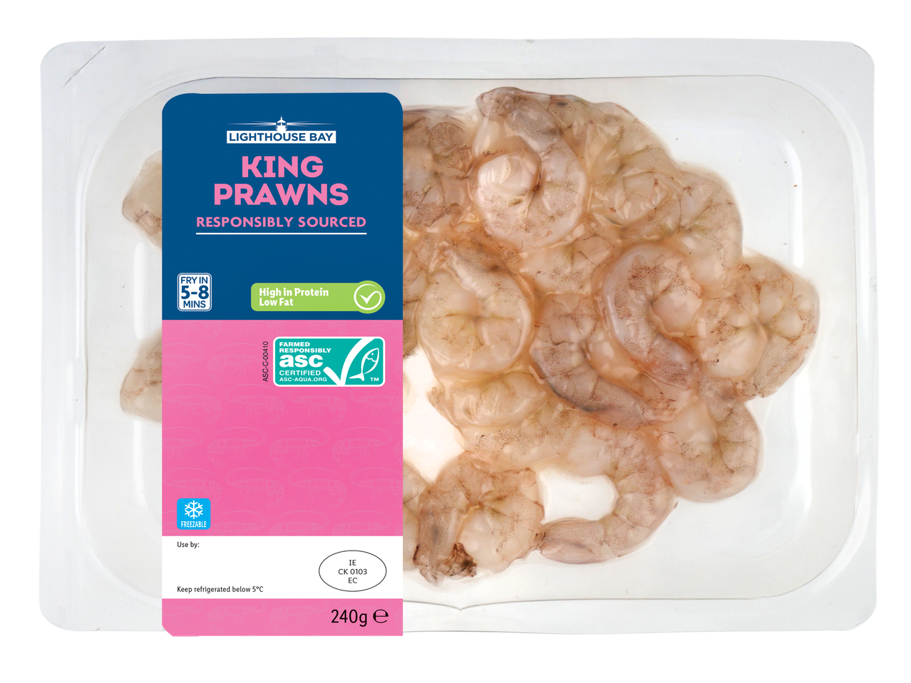 Lighthouse Bay King Prawns, responsibly sourced and high in protein, 240g.