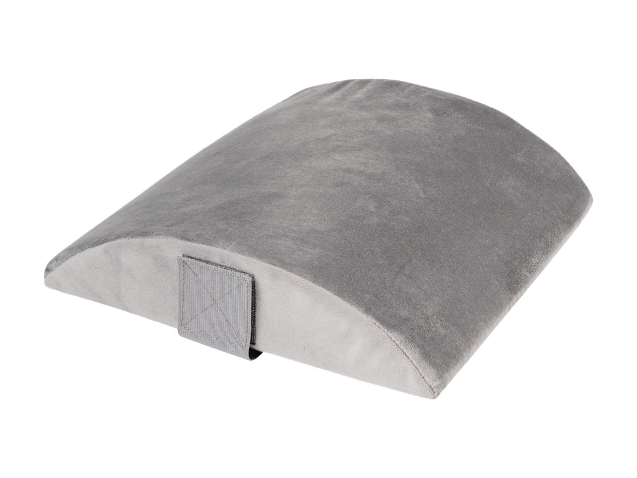 Gray velvet jewelry display pillow with a small clasp.