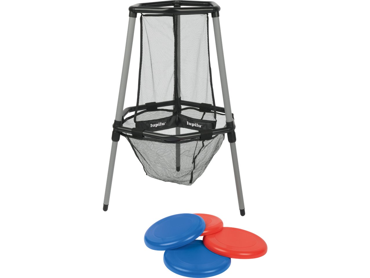 Lupilu mängukomplekt viskevõrgu ning siniste ja punaste lendavate taldrikutega.