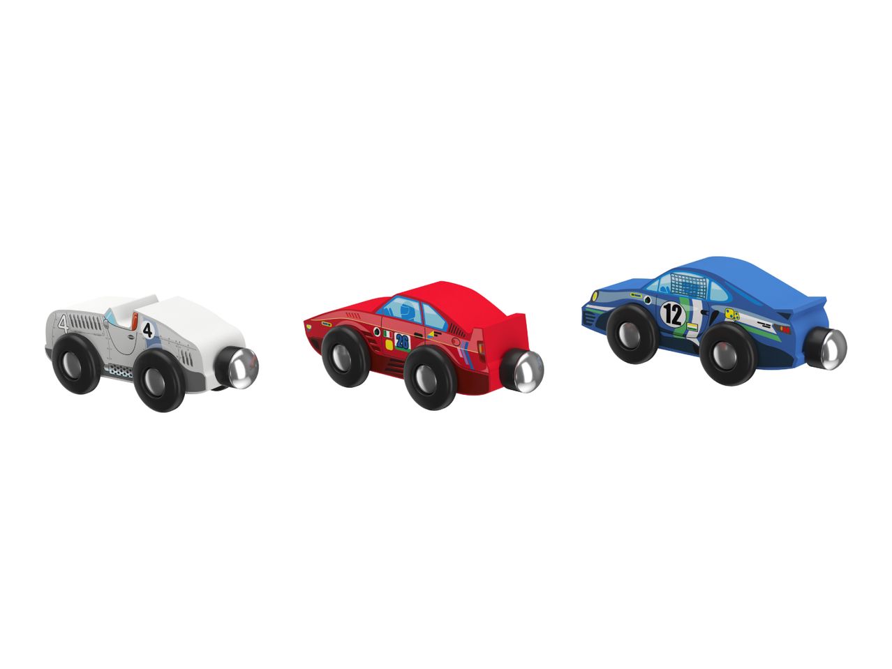Three wooden toy race cars in white, red, and blue with numbers 4, 28, and 12.