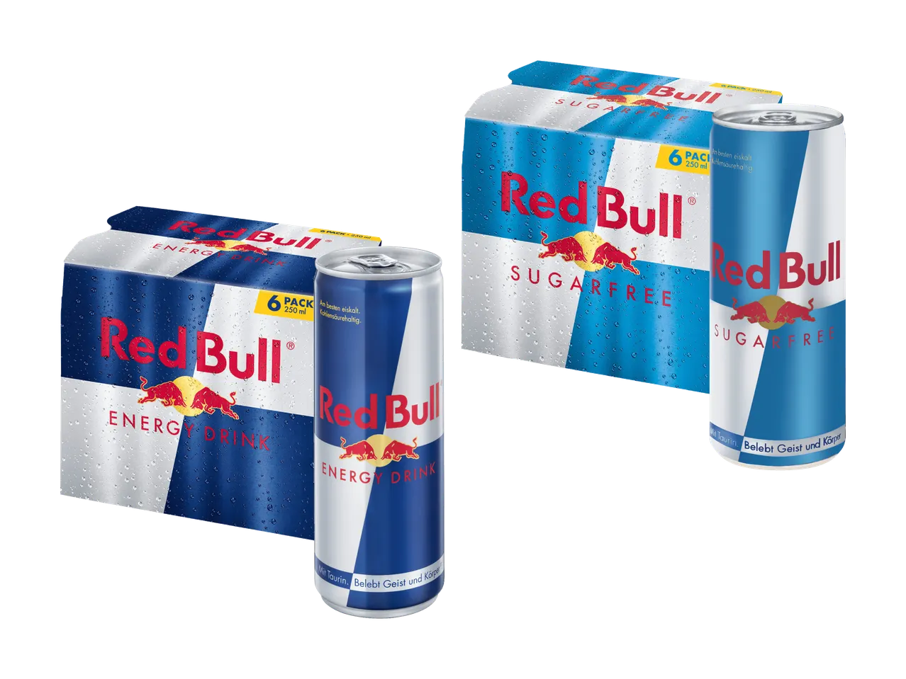 Zwei Red Bull Dosen, eine in blau, eine in rot-weiß.