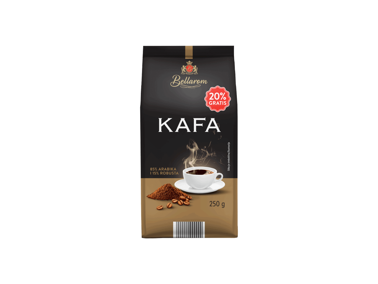 Pakovanje kafe sa natpisom 'Kafa', 85% Arabika i 15% Robusta, 250g, sa 20% gratis.