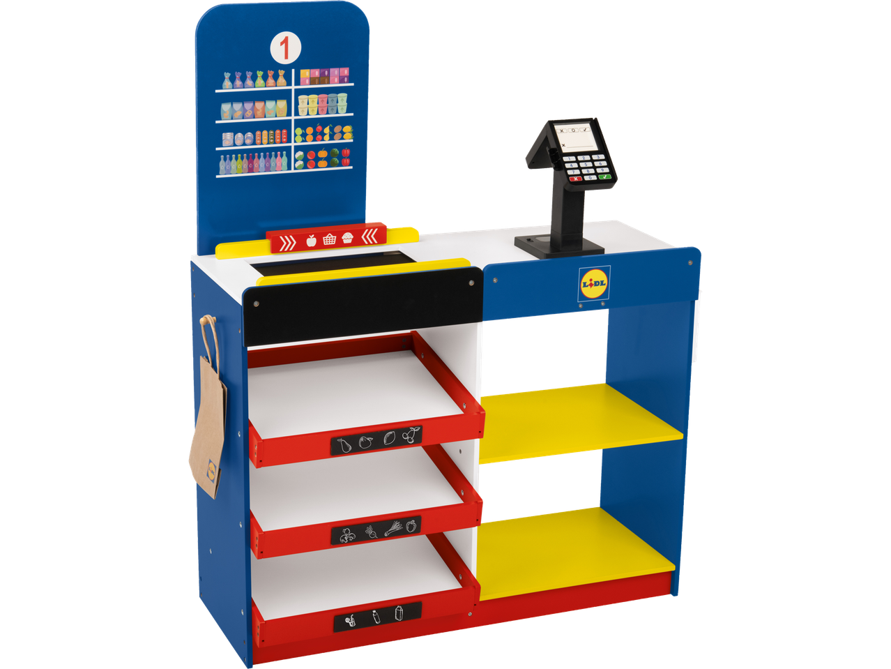 Playtive Wooden Lidl Supermarket toy with shelves of groceries, a checkout, and a paper bag.