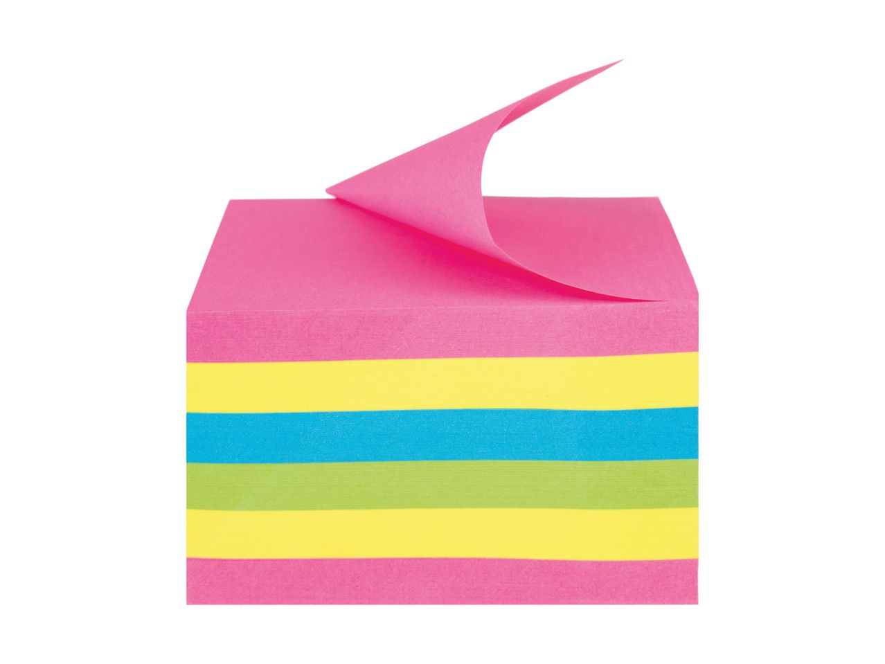 En stak farverige post-it noter i lyserød, gul, grøn og blå.