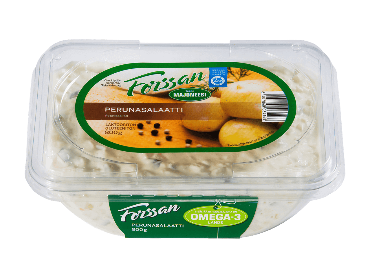 Perunasalaatti, laktoositon ja gluteeniton, 800g, sisältää omega-3-rypsiöljyä.