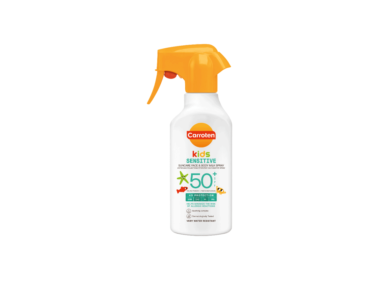 Sprej za sunčanje za decu sa SPF 50+, veoma vodootporan, za osetljivu kožu.