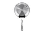 Bottom view of a stainless steel frying pan with a long handle.