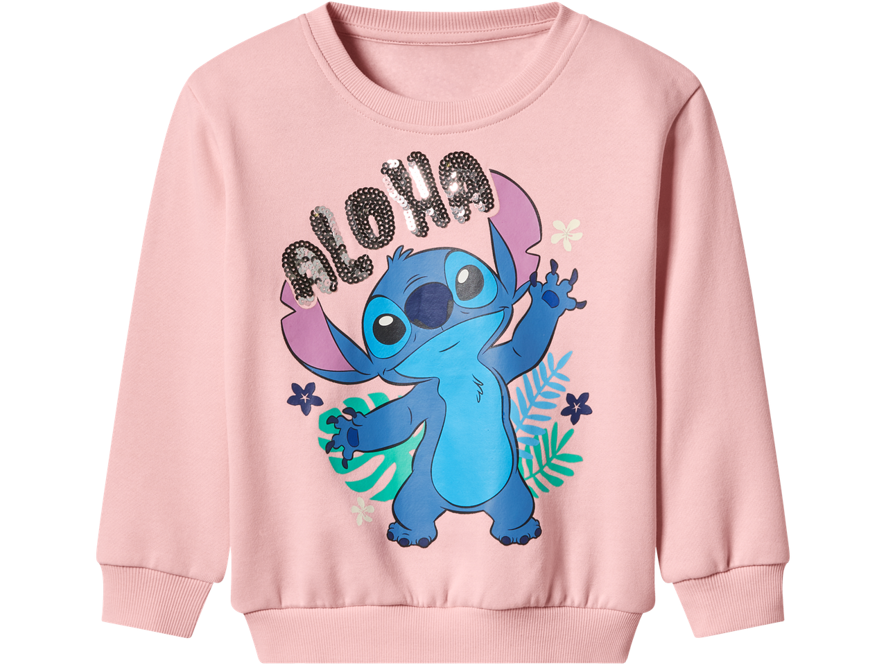 Rožinis vaikiškas džemperis su Stiču ir blizgučiais išrašytu „ALOHA“ tekstu.