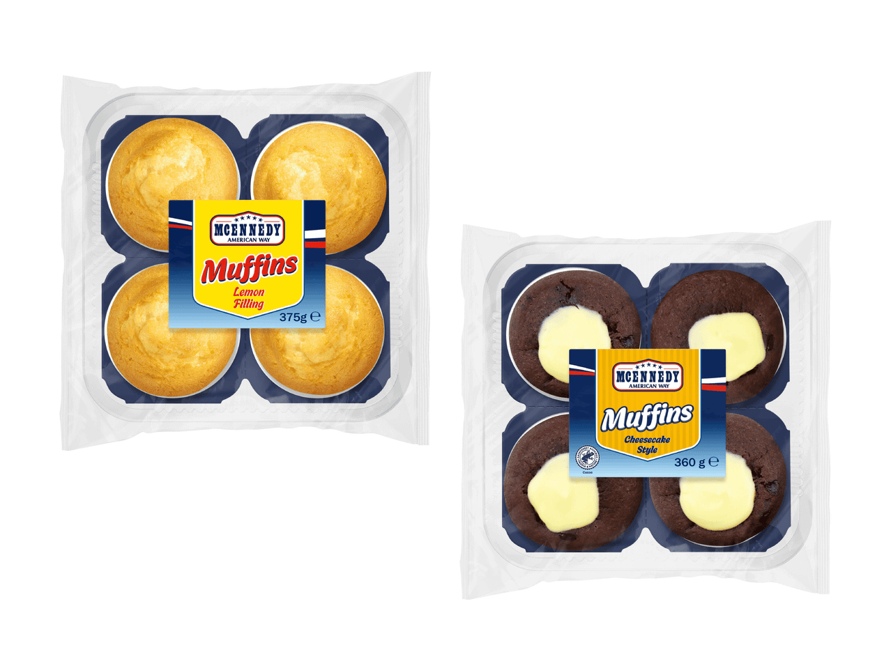 Sitruunatäytteisiä ja juustokakkutyylisiä muffinsseja neljän kappaleen pakkauksissa.