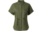 Uma camisa verde-oliva de manga curta com cordão na cintura.