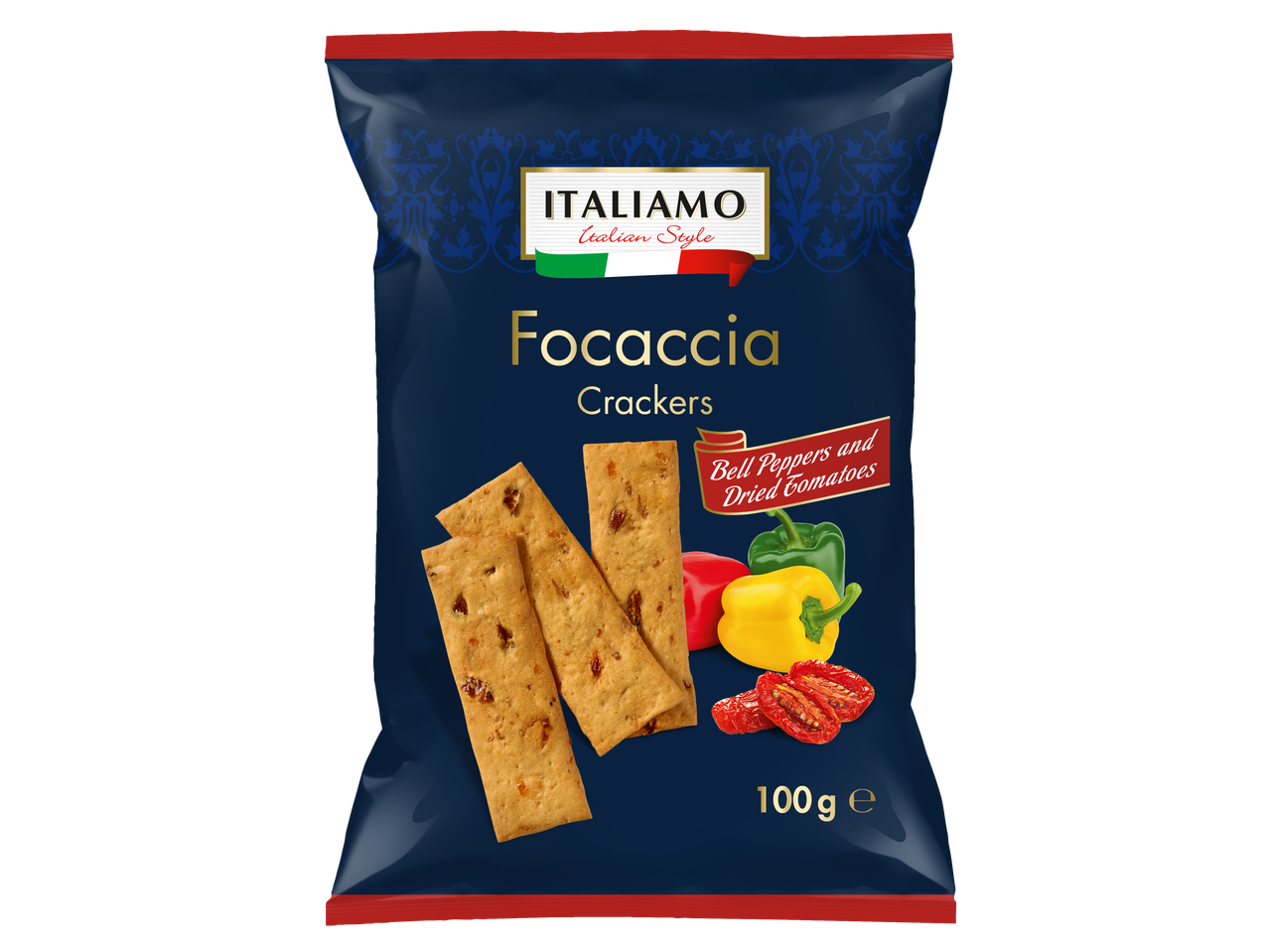 Crackers Focaccia ITALIAMO aux poivrons et tomates séchées dans un emballage bleu foncé.