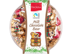 Milk chocolate bears in festive wrapping in a round container, with the Favorina brand.