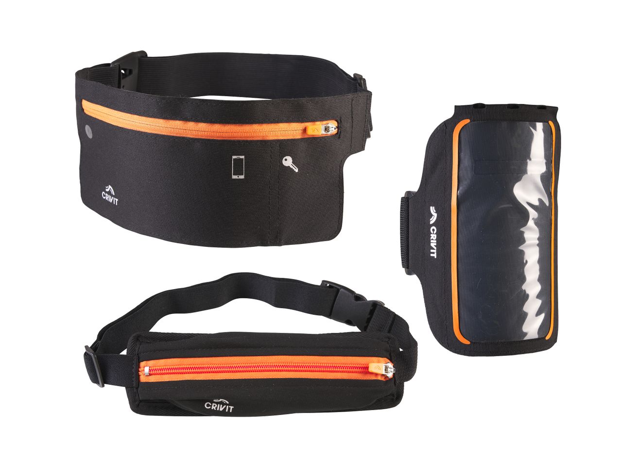 Schwarze Sport-Gürteltaschen und eine Armtasche mit orangefarbenen Reißverschlüssen und Akzenten.