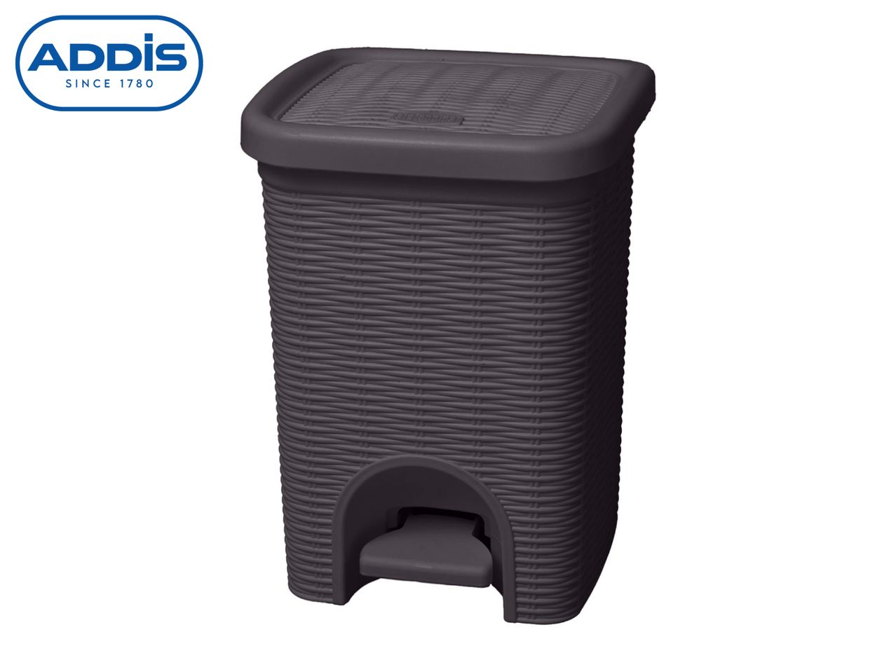 Dark grey rattan-style pedal bin with a textured lid.
