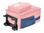 Pink children's rolling suitcase with a unicorn design and blue side pocket.