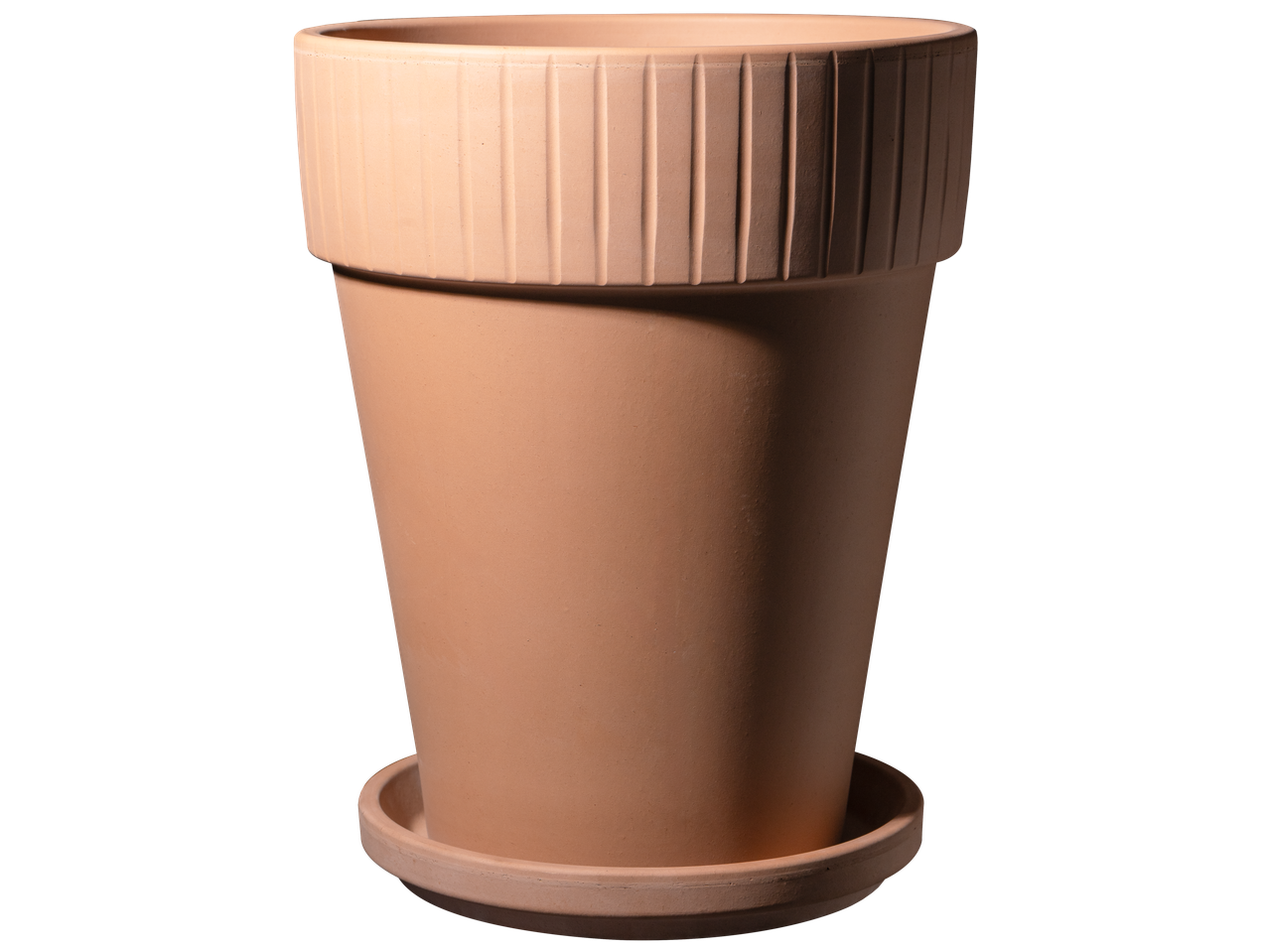 Keramieke buitenpot met ribbels en schotel