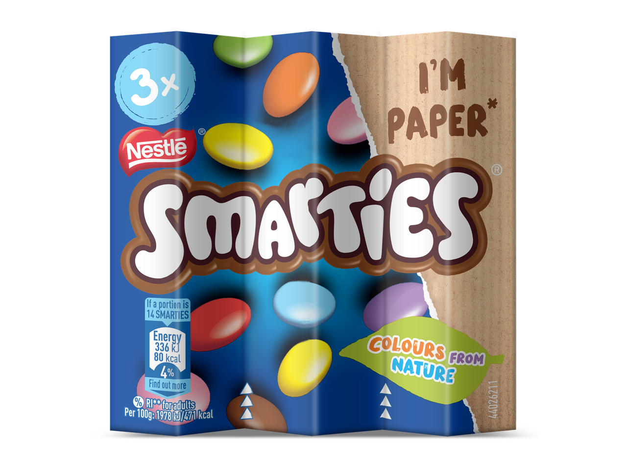 Verpakking van chocoladesnoepjes met de tekst 'I'M PAPER' en 'COLOURS FROM NATURE'.