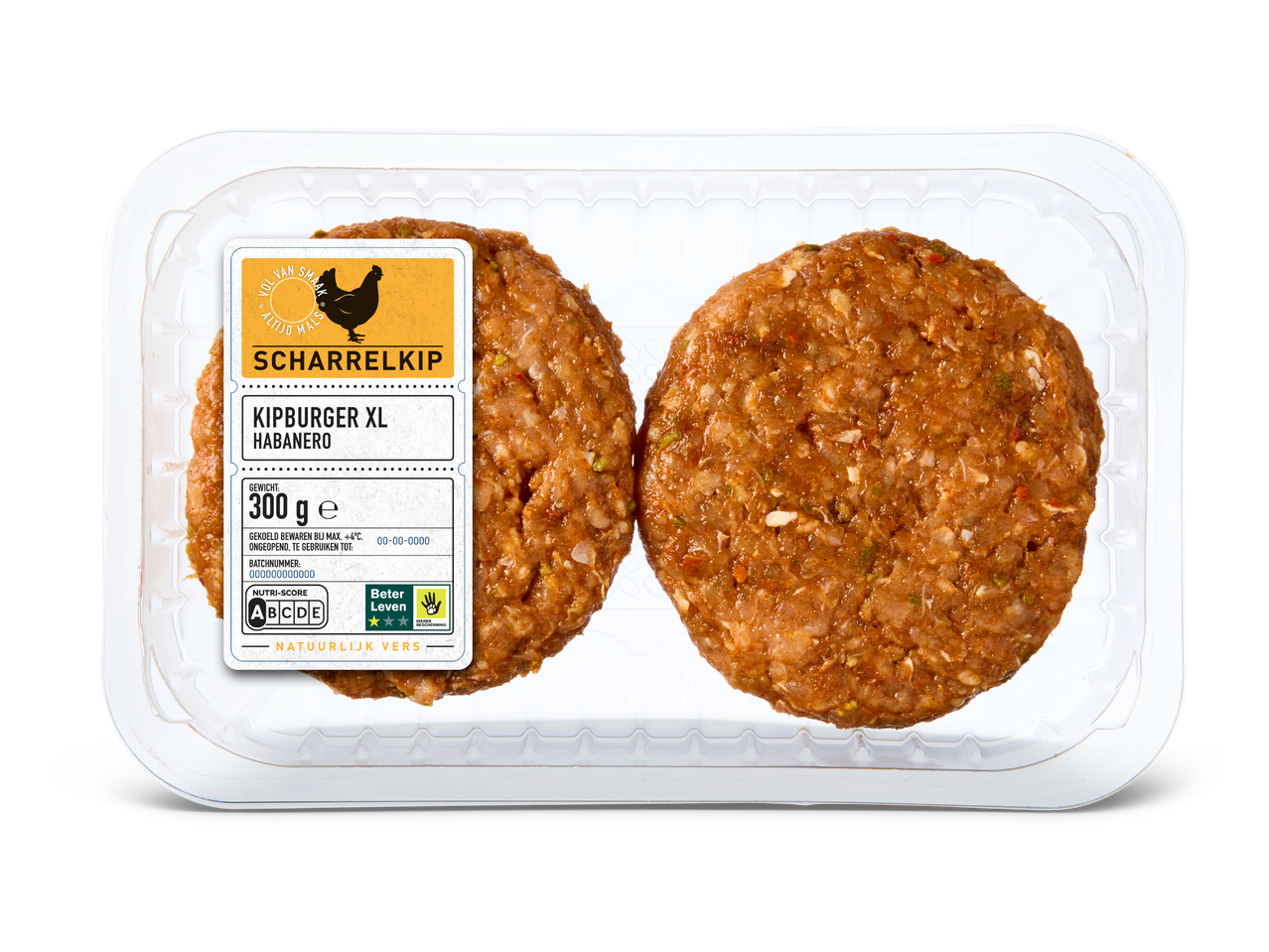 Twee rauwe kipburgers met habanero in een plastic verpakking, met een etiket dat 'Scharrelkip Kipburger XL Habanero' en '300 ge' vermeldt.