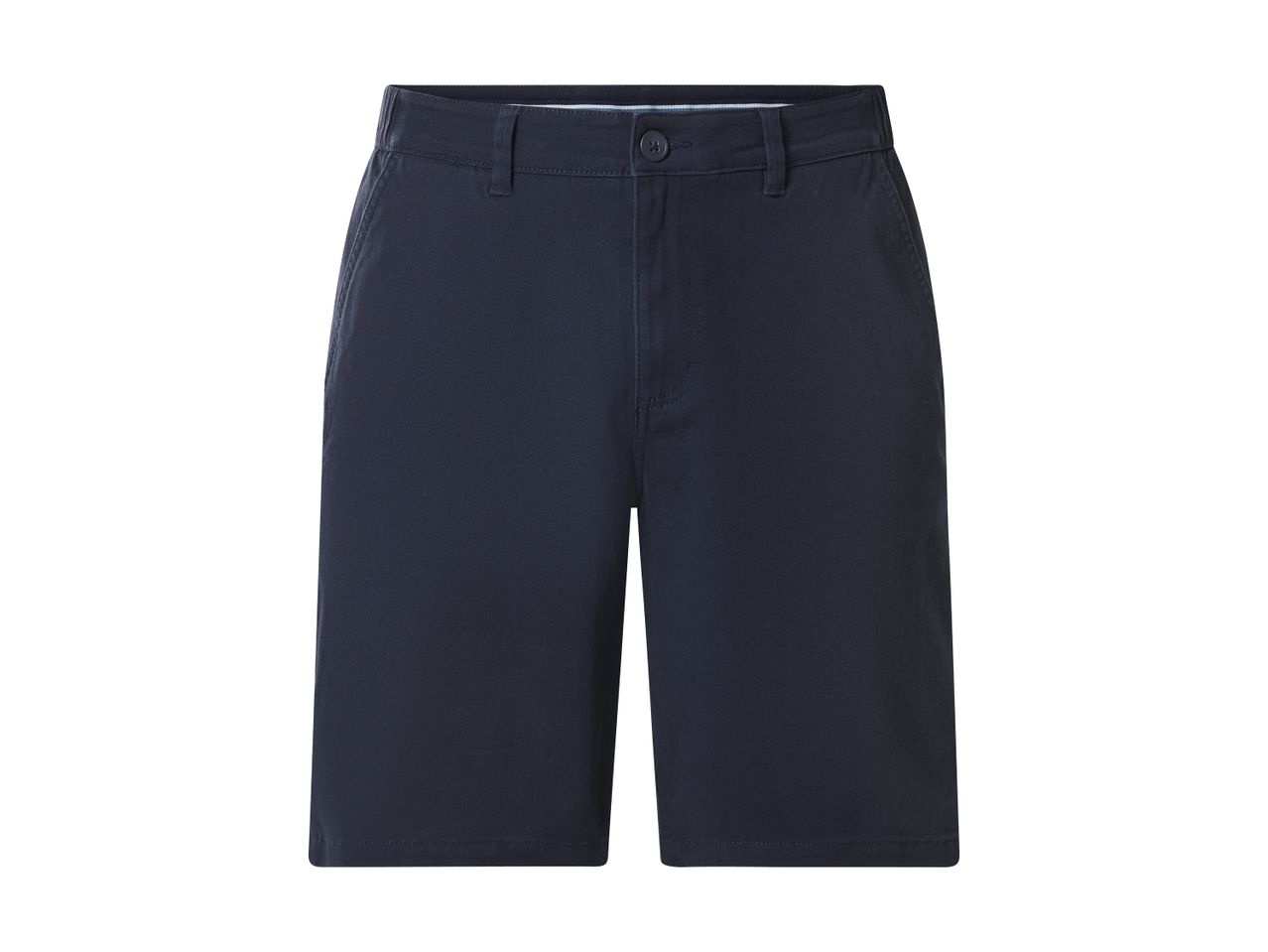 Dark blue men's shorts with a button closure and belt loops.