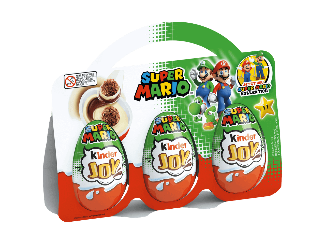 Drei Kinder Joy Eier mit Super Mario-Thema in einer Packung.