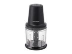 Black and clear food chopper with measurement markings on a white background.