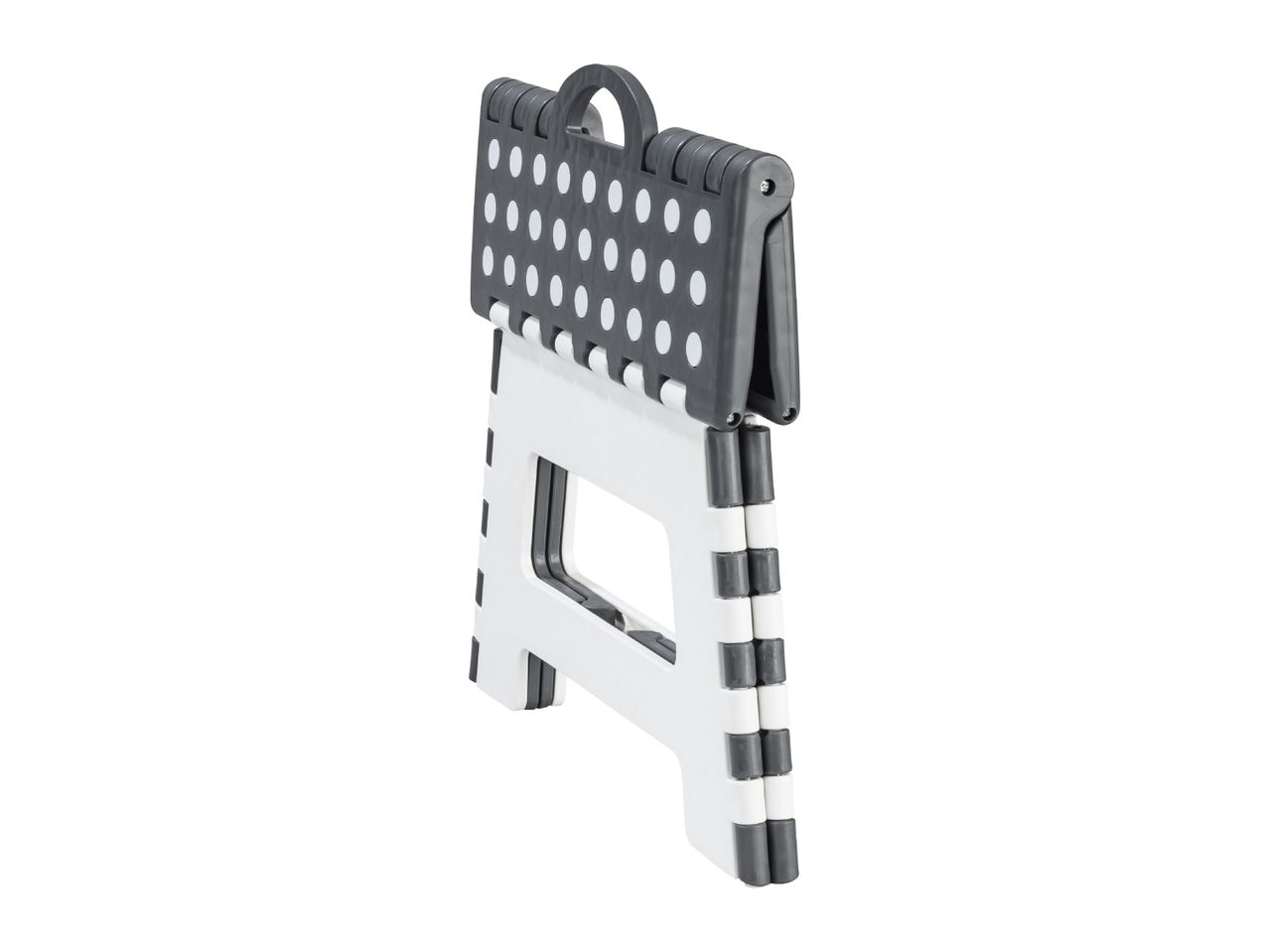 Foldable step stool in white and dark grey with white polka dots on top.