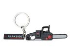 A Parkside Performance chainsaw keychain with a black body, red accents, and a silver chain.