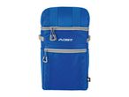 Blue insulated backpack with two zippered compartments and a subtle hexagonal pattern.