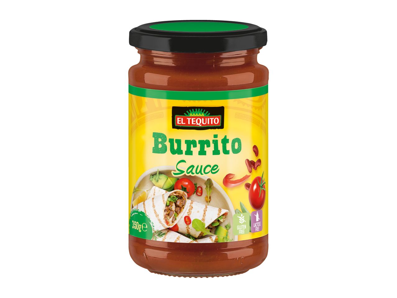 Jar of burrito sauce with a yellow label featuring burritos, vegetables, and text.